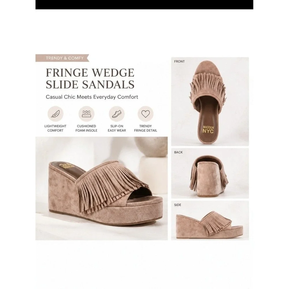 Madden NYC Fringe Platform Wedge Slides Taupe Size 6 New NWT